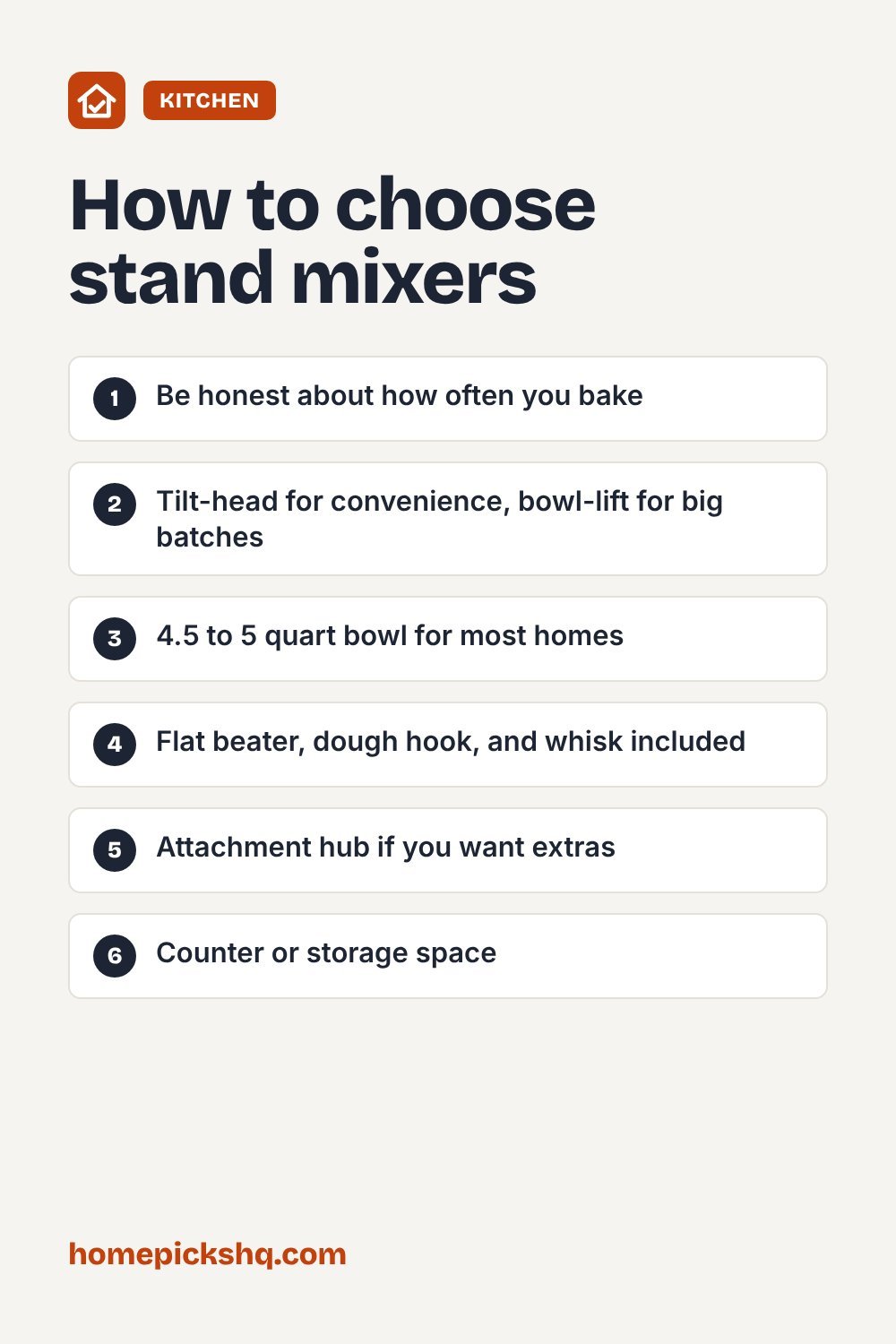 How to choose checklist: Be honest about how often you bake; Tilt-head for convenience, bowl-lift for big batches; 4.5 to 5 quart bowl for most homes; Flat beater, dough hook, and whisk included; Attachment hub if you want extras; Counter or storage space
