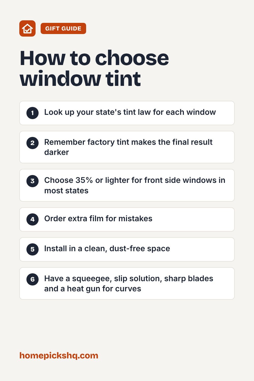 Home window tint checklist: measure dimensions, choose static cling, select VLT, check glass compatibility, plan for nighttime privacy